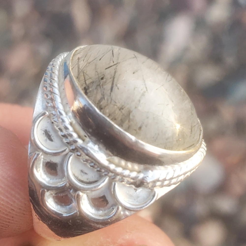 New Black Rutilated Quartz 925 Silver Ring.